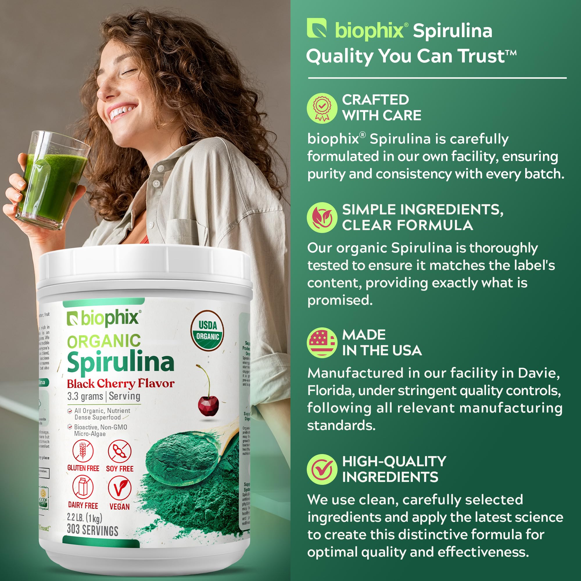 Biophix Spirulina con sabor cereza negra en frasco familiar, ideal para uso diario