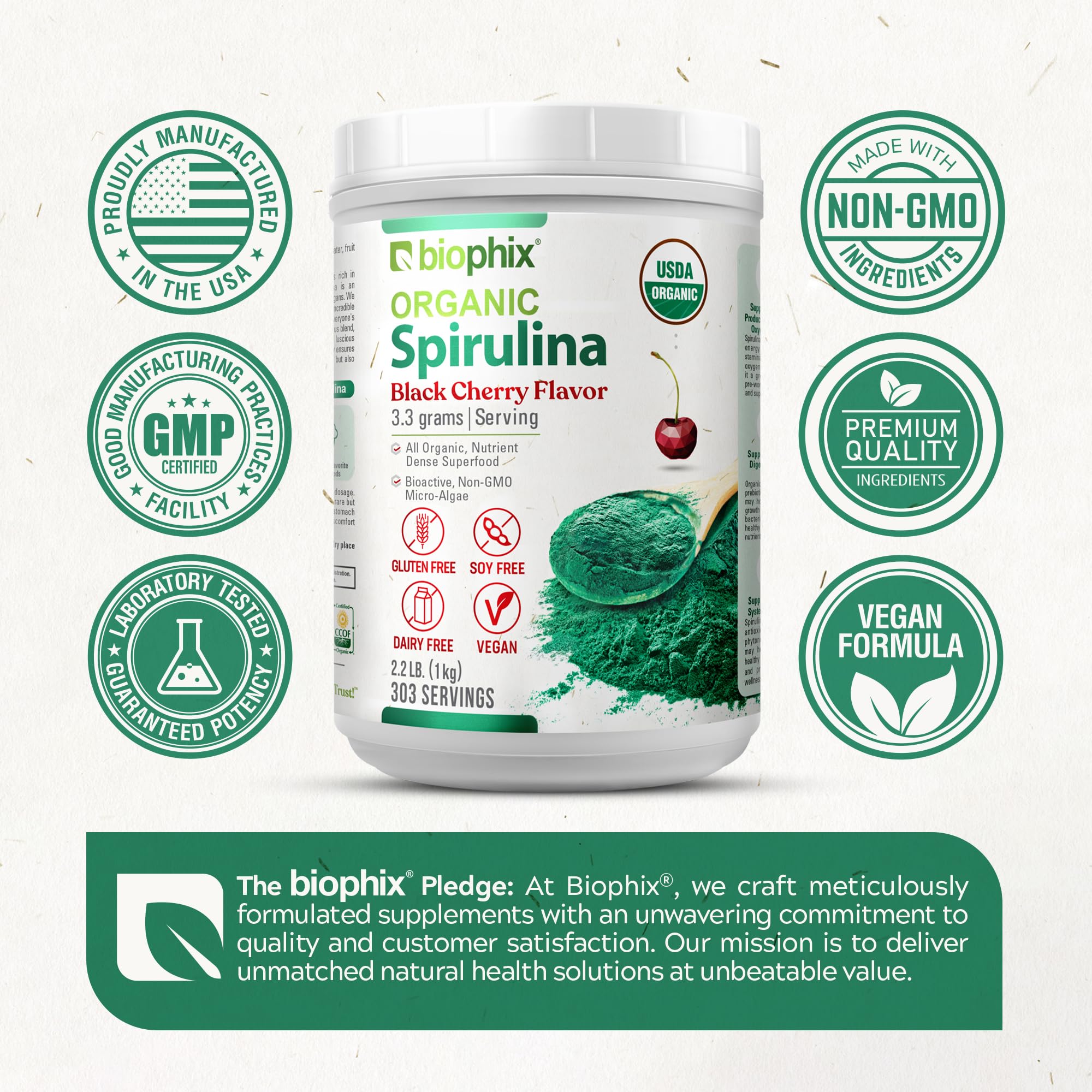 Biophix Spirulina con sabor cereza negra para preparaciones matutinas, energía sostenida