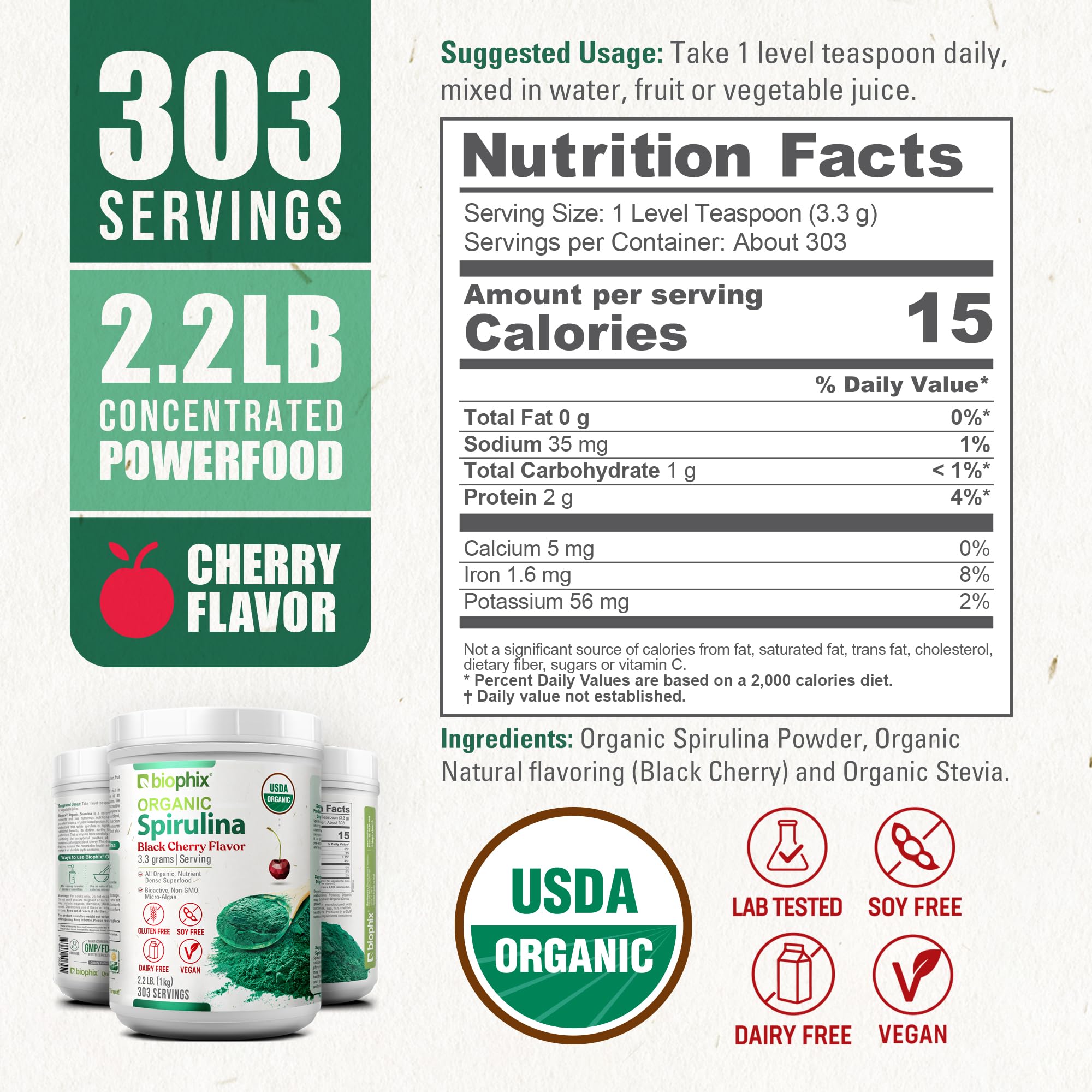 Biophix Spirulina con sabor cereza negra en taza batido, disfruta sabor natural