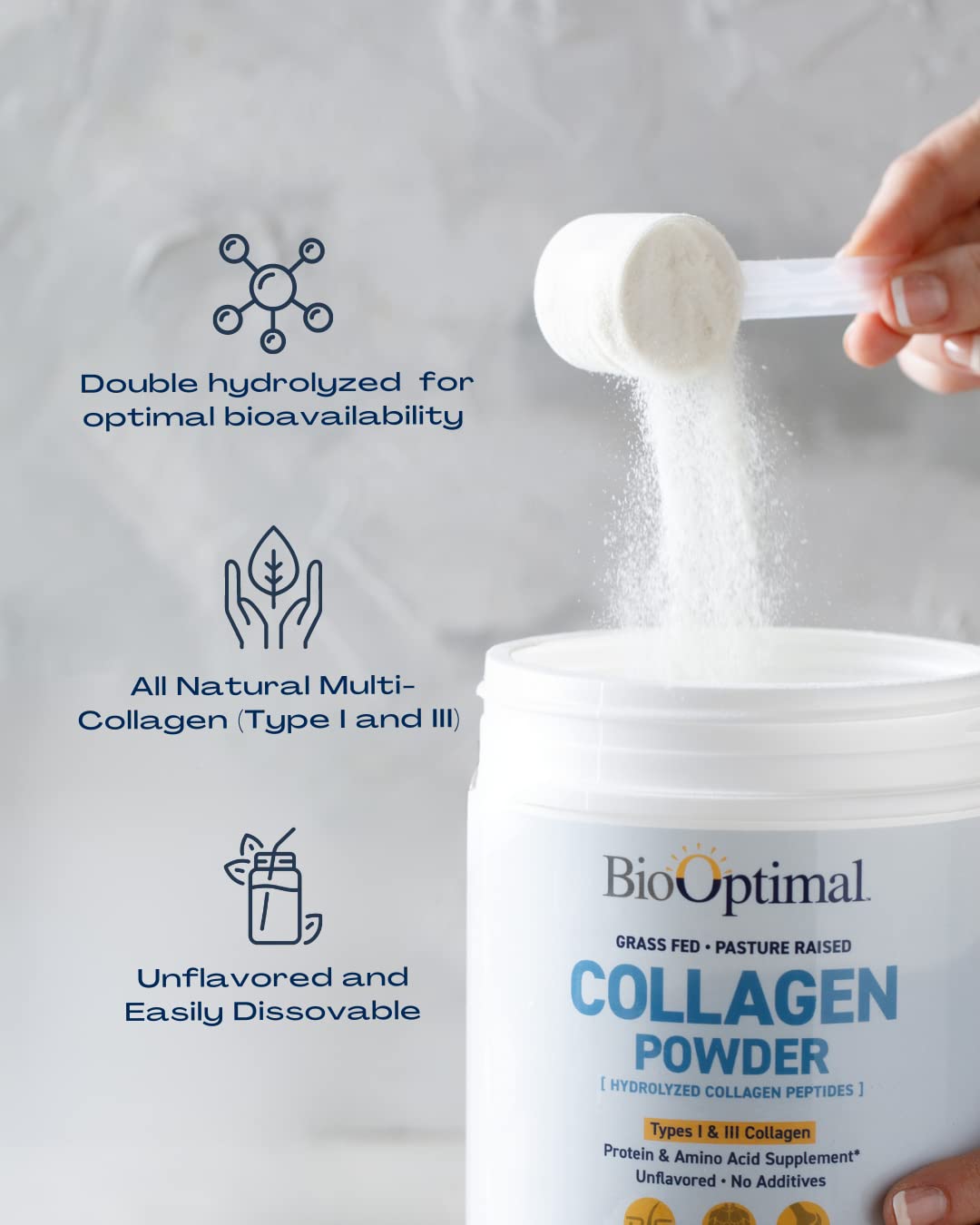BioOptimal Colágeno en polvo con pruebas de terceros para seguridad y pureza.