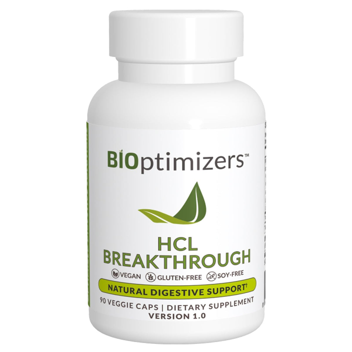 BIOptimizers HCL Breakthrough, botella vertiendo, posible alivio de malestar estomacal tras comer