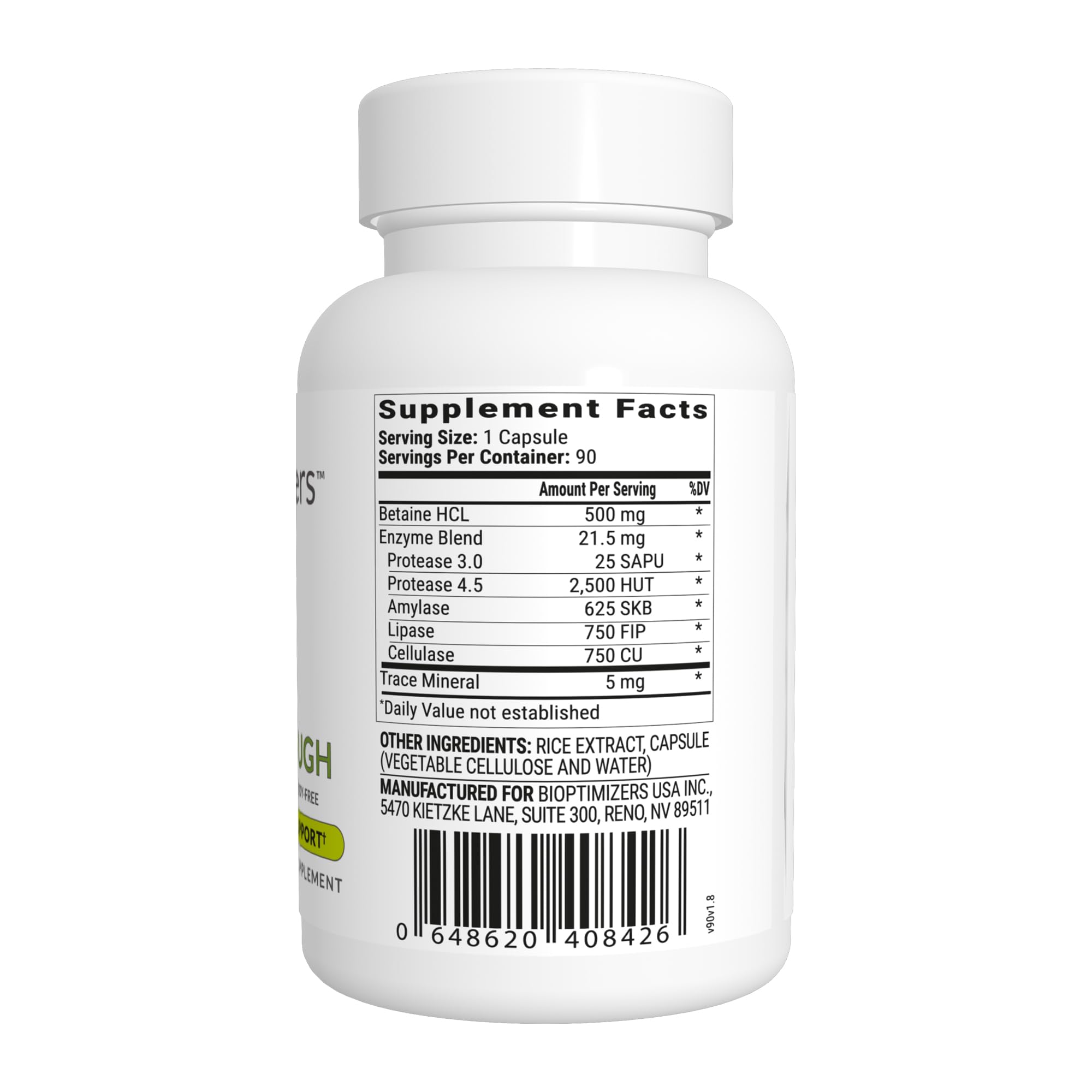 BIOptimizers HCL Breakthrough: etiqueta frontal con ingredientes naturales y sin pepsina