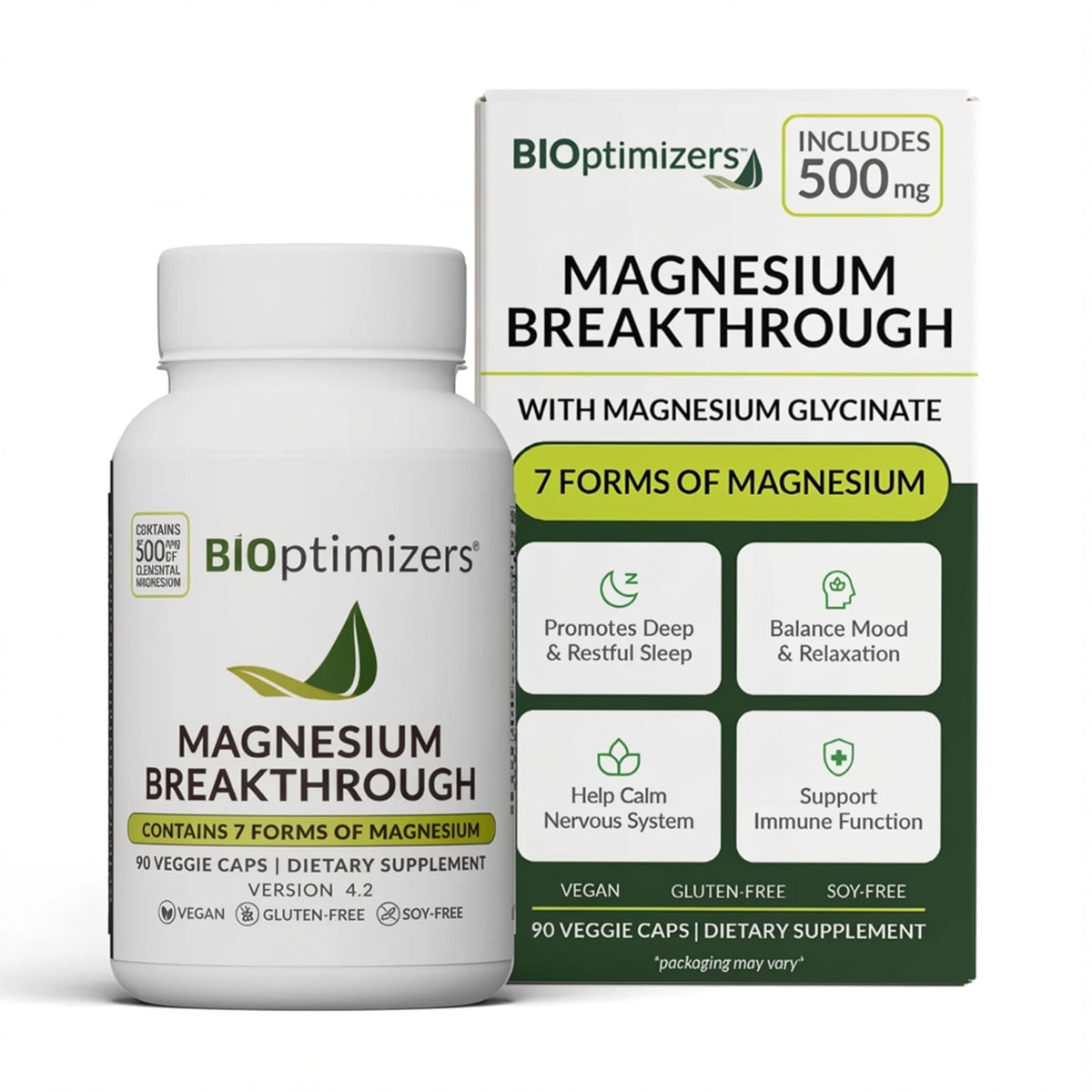 BiOptimizers Magnesium Breakthrough, botella vertiendo, ideal para ritual nocturno relajante.