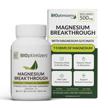 BiOptimizers Magnesium Breakthrough, botella vertiendo, ideal para ritual nocturno relajante.