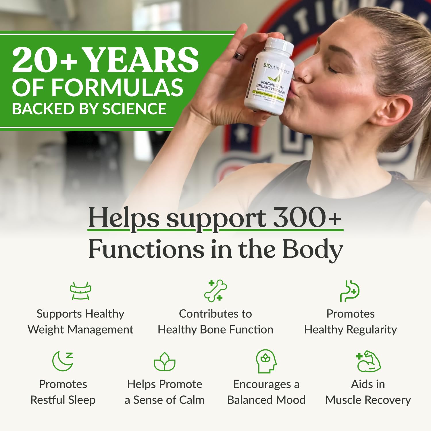 BiOptimizers Magnesium Breakthrough cápsulas, ingestión fácil para uso diario.