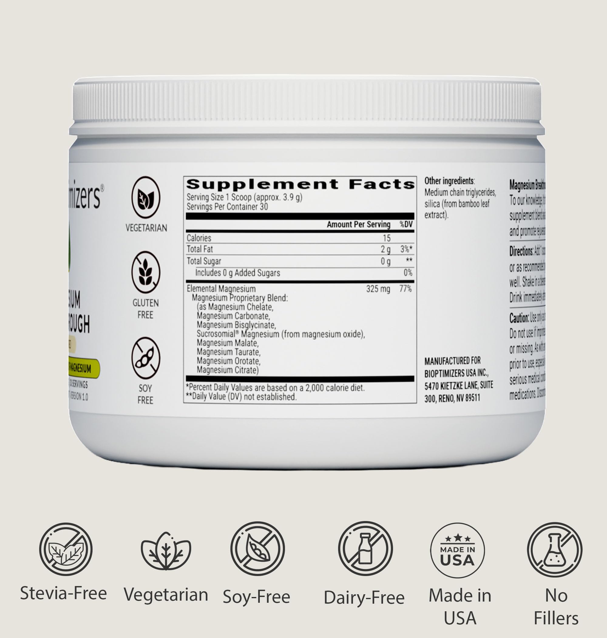 BiOptimizers Magnesium Breakthrough, vista general de caja y frascos para salud cardiovascular
