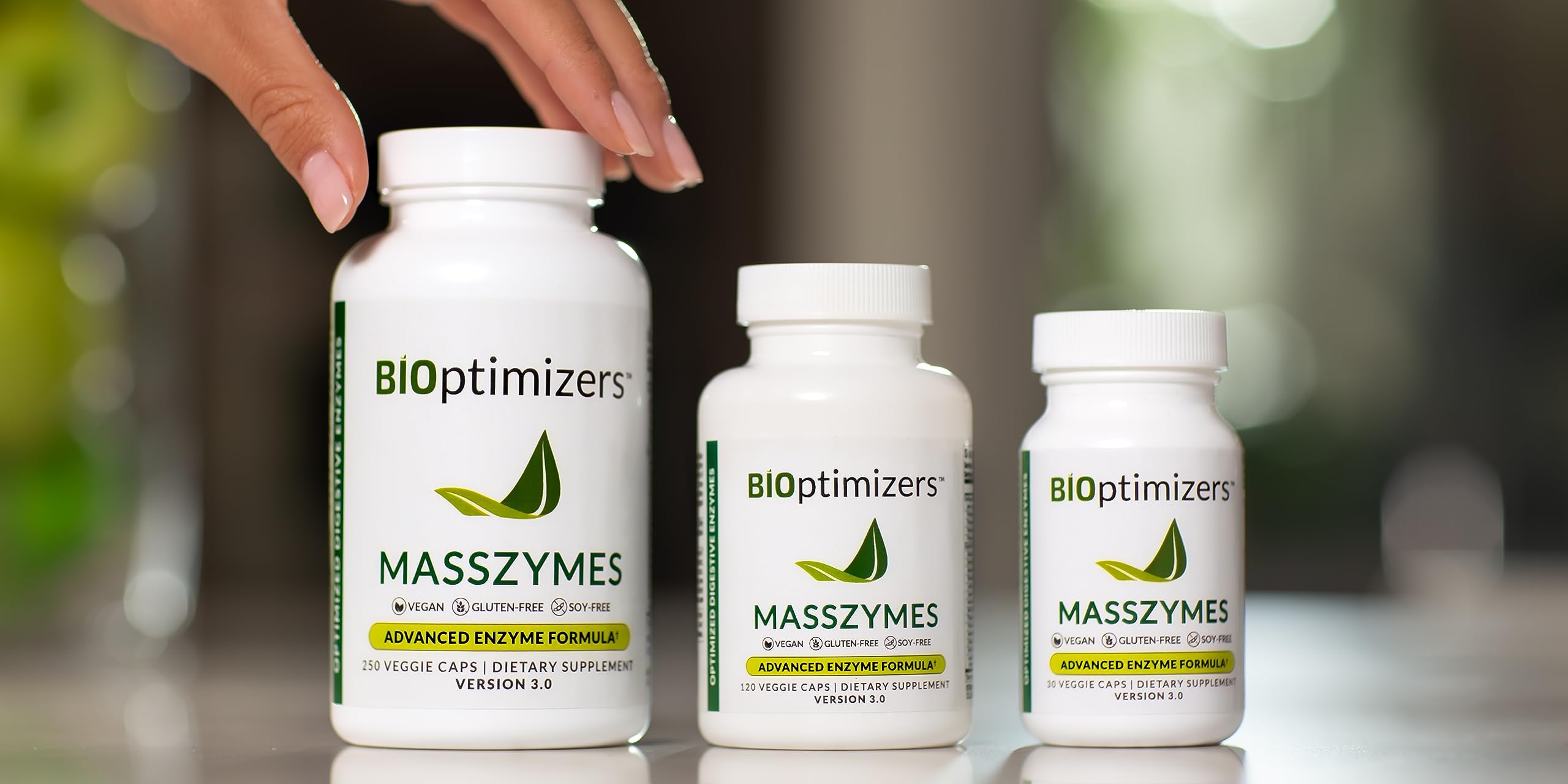 BIOptimizers MassZymes etiqueta con información digestiva y recomendaciones de uso.