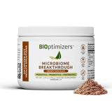 BIOptimizers Microbiome Breakthrough en bote chocolate para apoyo digestivo suave.