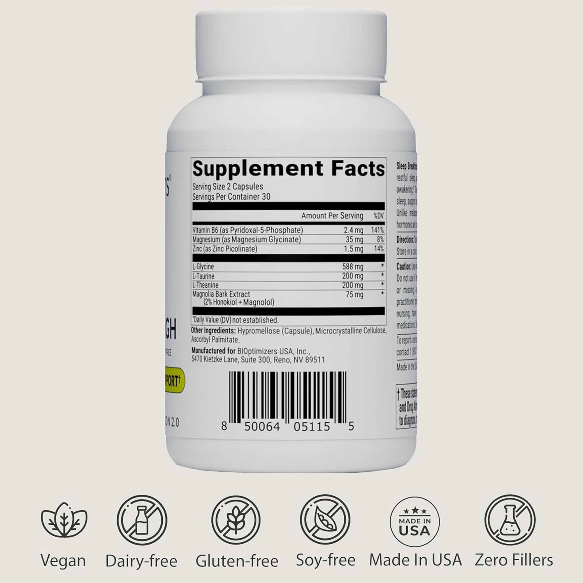 BIOptimizers Sleep Breakthrough uso recomendado: tomar con agua una hora antes de dormir.