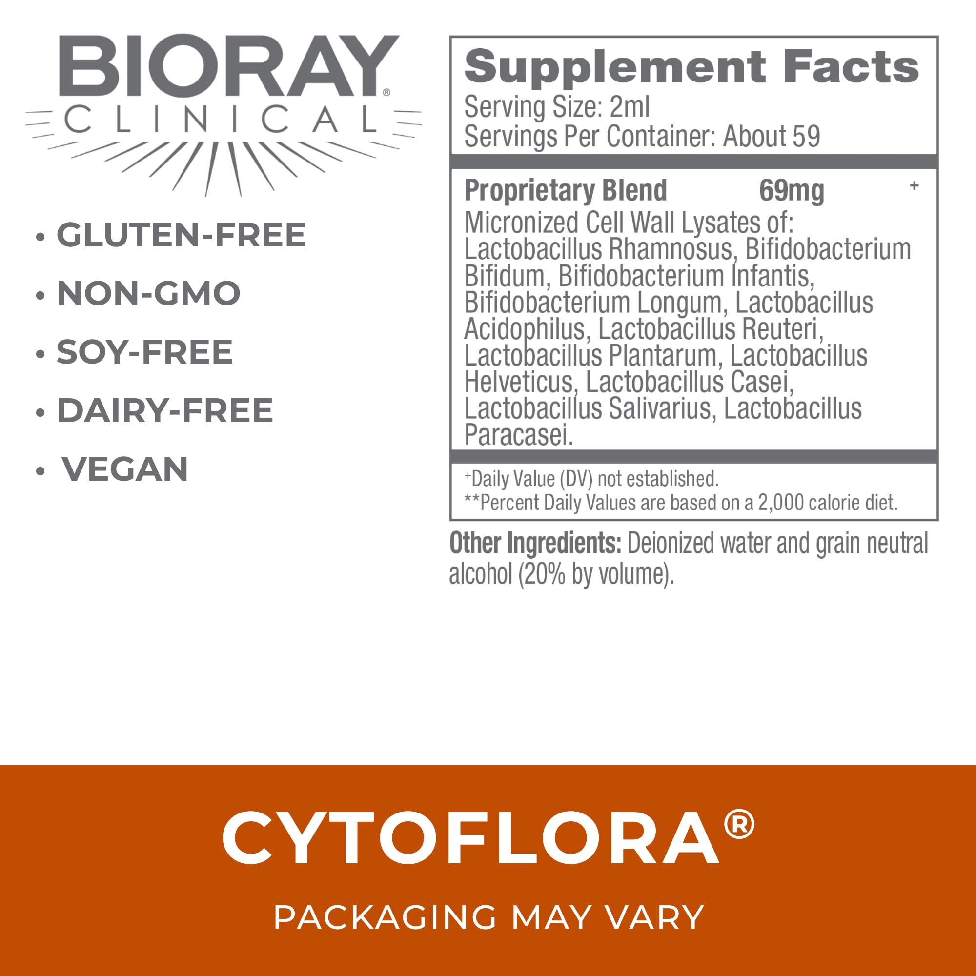 BIORAY CytoFlora, etiqueta, resalta beneficios para la salud intestinal.