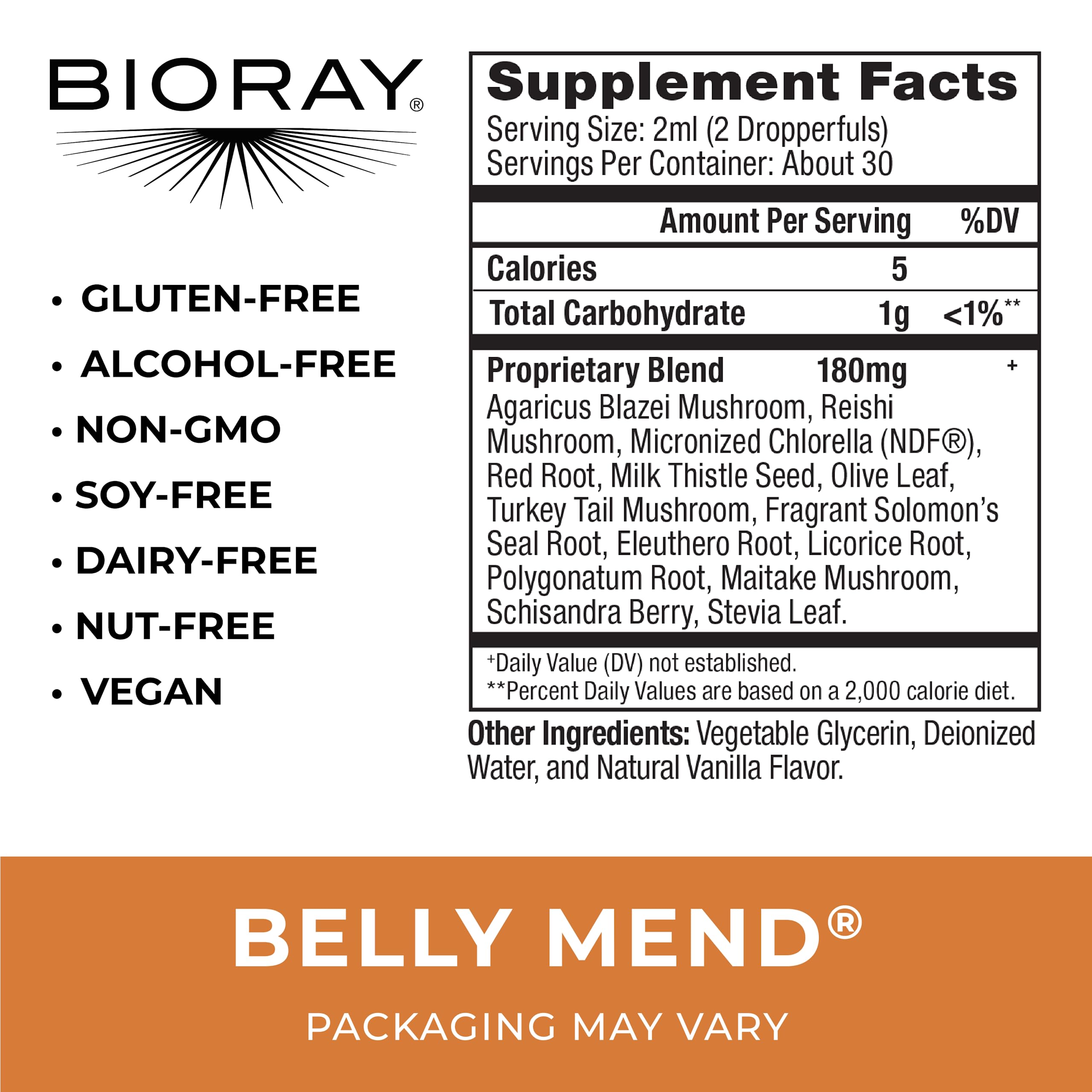 BIORAY Daily Belly Mend etiqueta cercana destacando ingredientes de hongos medicinales