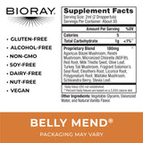 BIORAY Daily Belly Mend etiqueta cercana destacando ingredientes de hongos medicinales