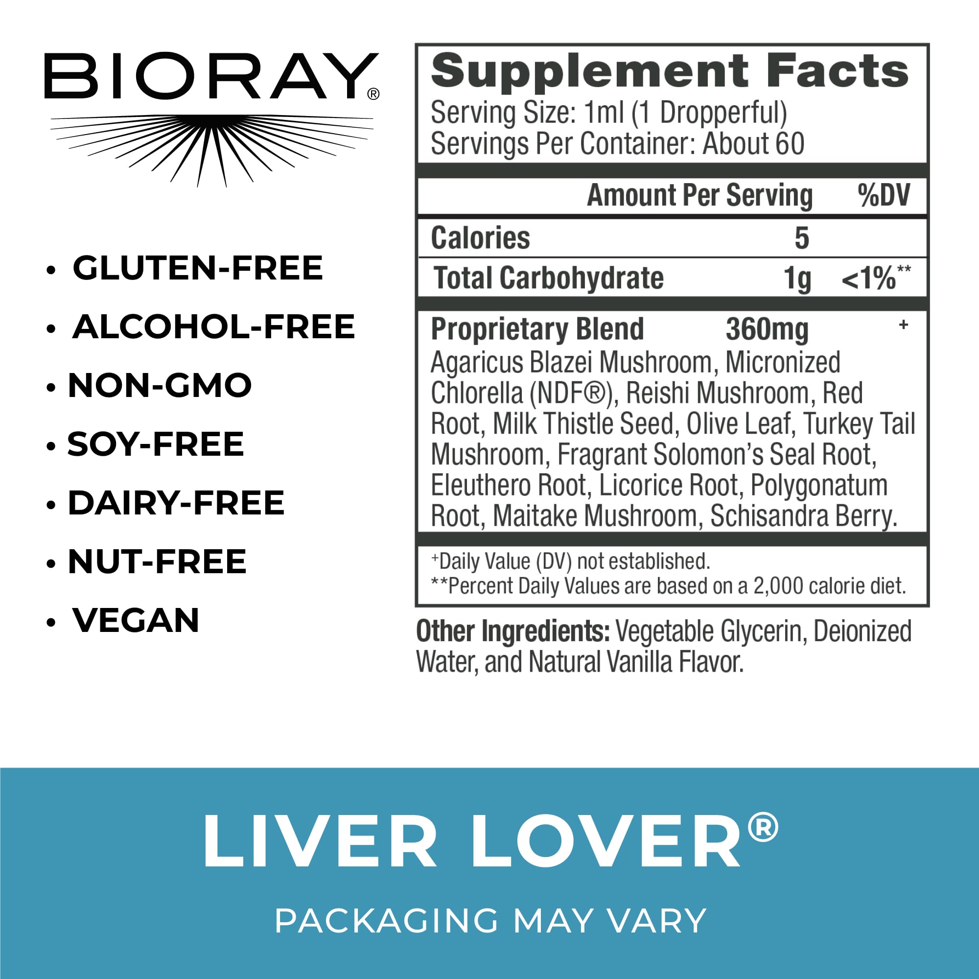 BIORAY Daily Liver Lover etiqueta frontal, posible uso diario para bienestar general.