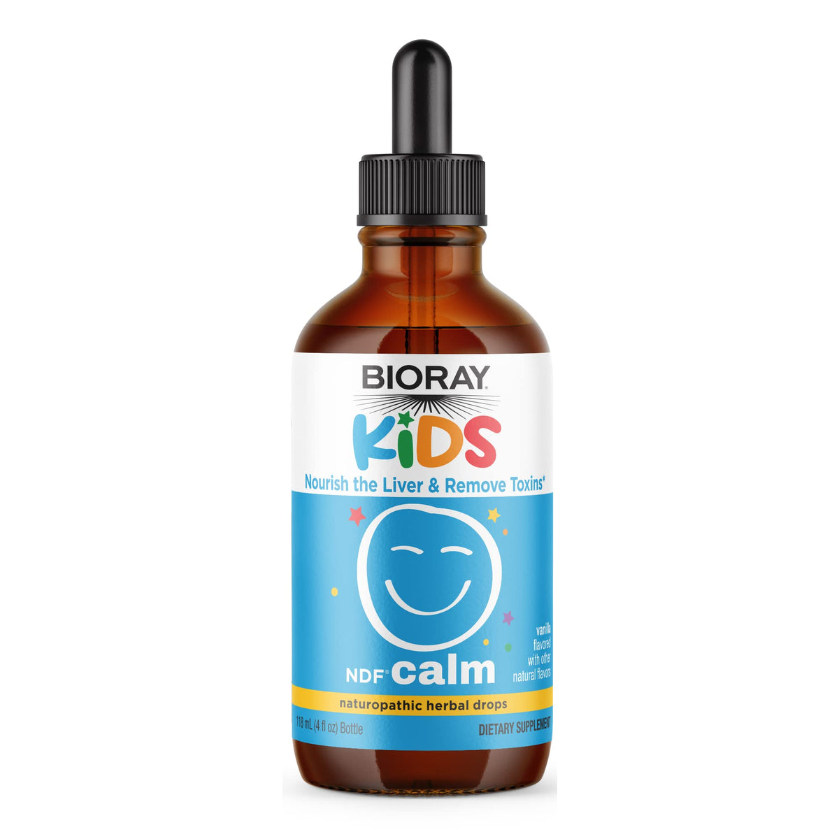 BIORAY Kids NDF Calm frasco de vainilla, posible apoyo al bienestar diario de los niños.