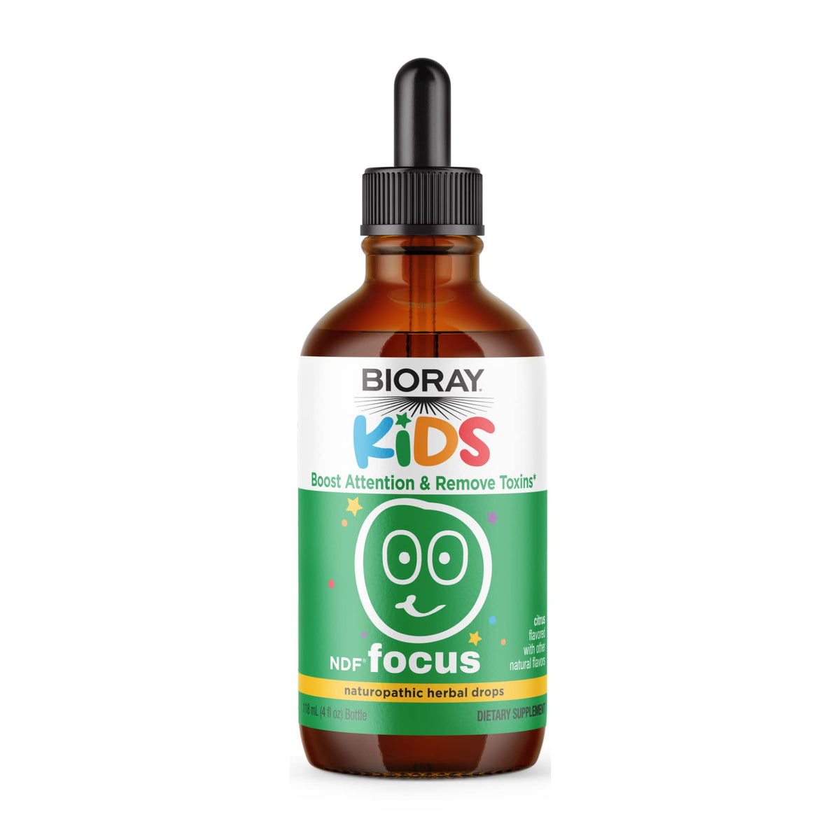 BIORAY Kids NDF Focus Citrus en botella de 4 onzas para apoyar claridad mental sostenida
