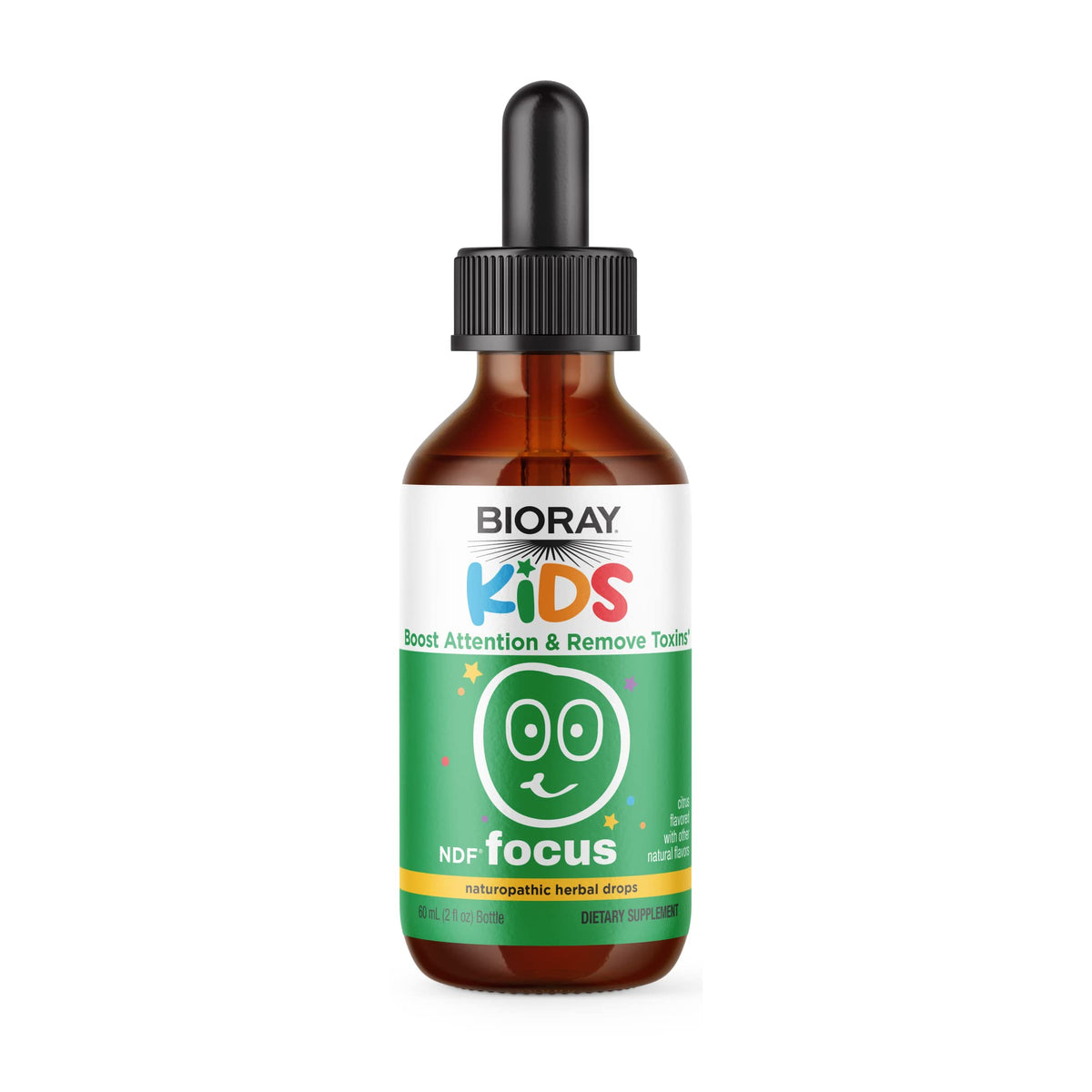 BIORAY Kids NDF Focus Citrus, botella para apoyo cognitivo suave en estudio