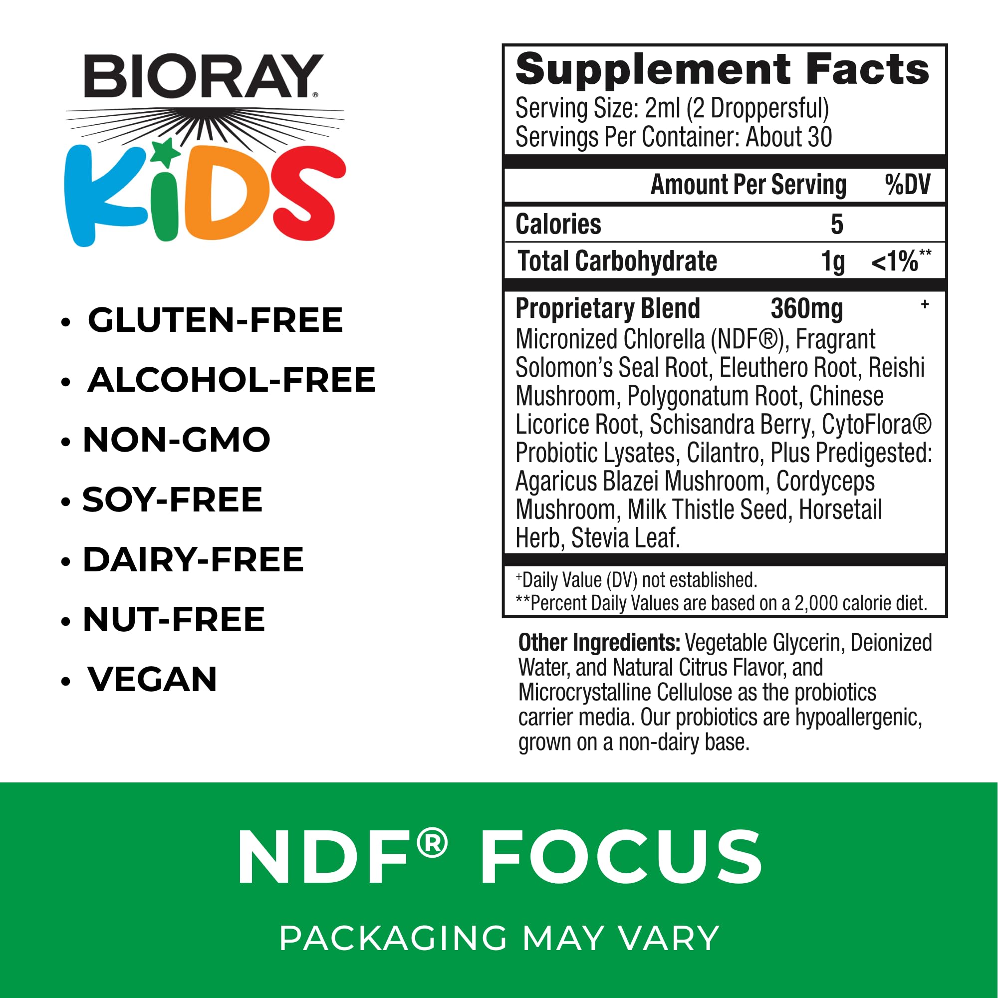 BIORAY Kids NDF Focus Citrus, etiqueta frontal, sabor cítrico para energía estable