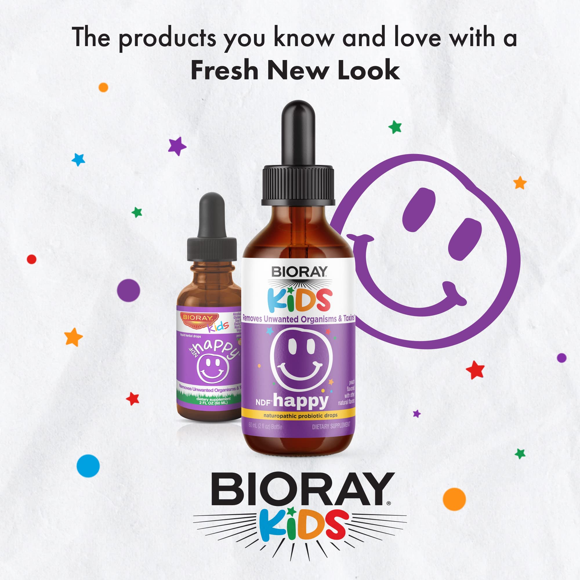 BIORAY Kids NDF Happy durazno etiqueta, detalle de ingredientes clave