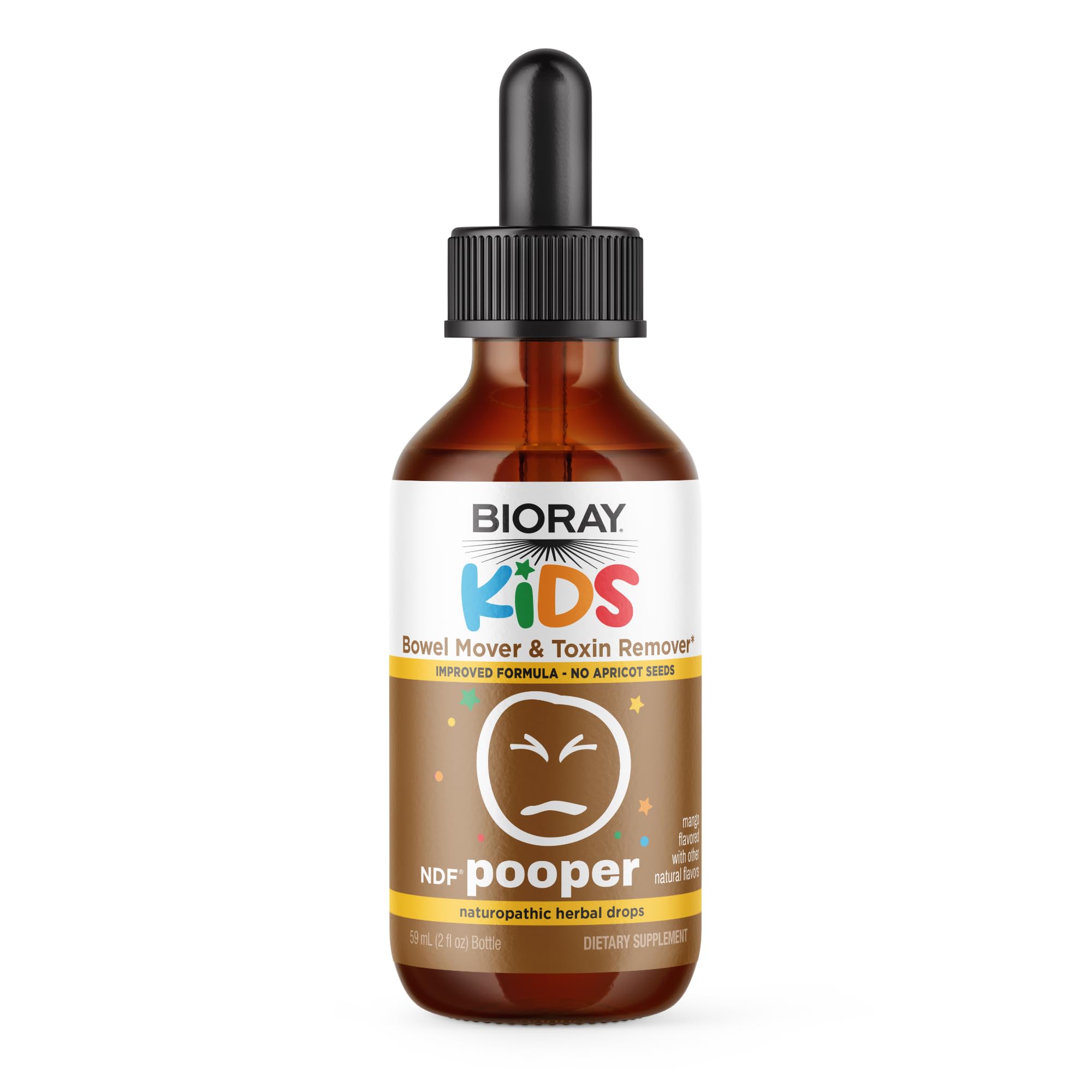 BIORAY Kids NDF Pooper, botella Mango, promueve tranquilidad intestinal para niños.