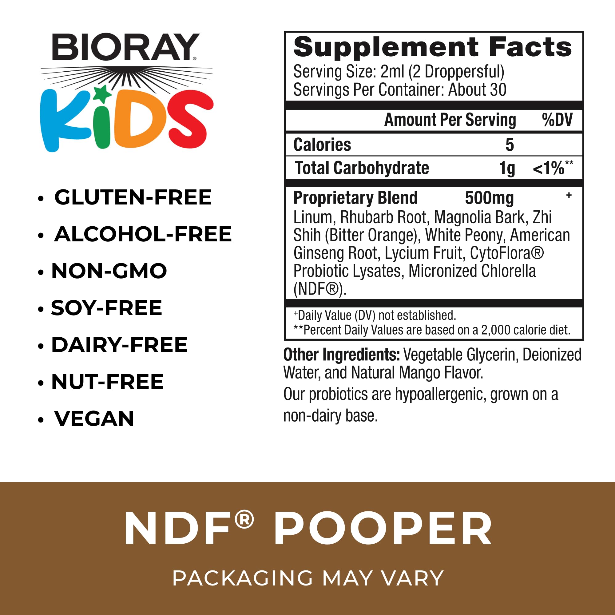 BIORAY Kids NDF Pooper, etiqueta frontal, envase atractivo para facilitar la administración.