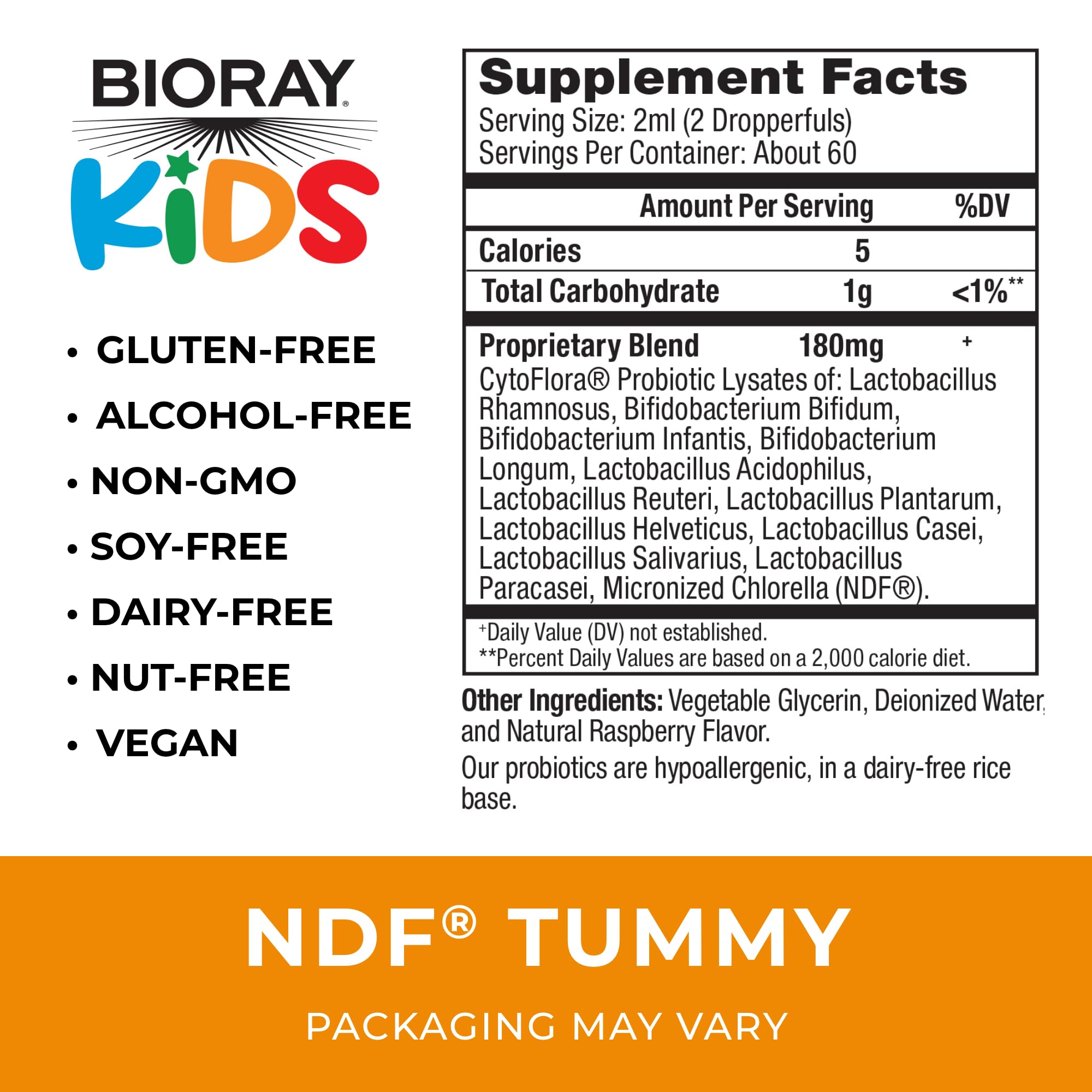 BIORAY Kids NDF Tummy frambuesa, etiqueta visible, destaca sabor frambuesa y uso diario