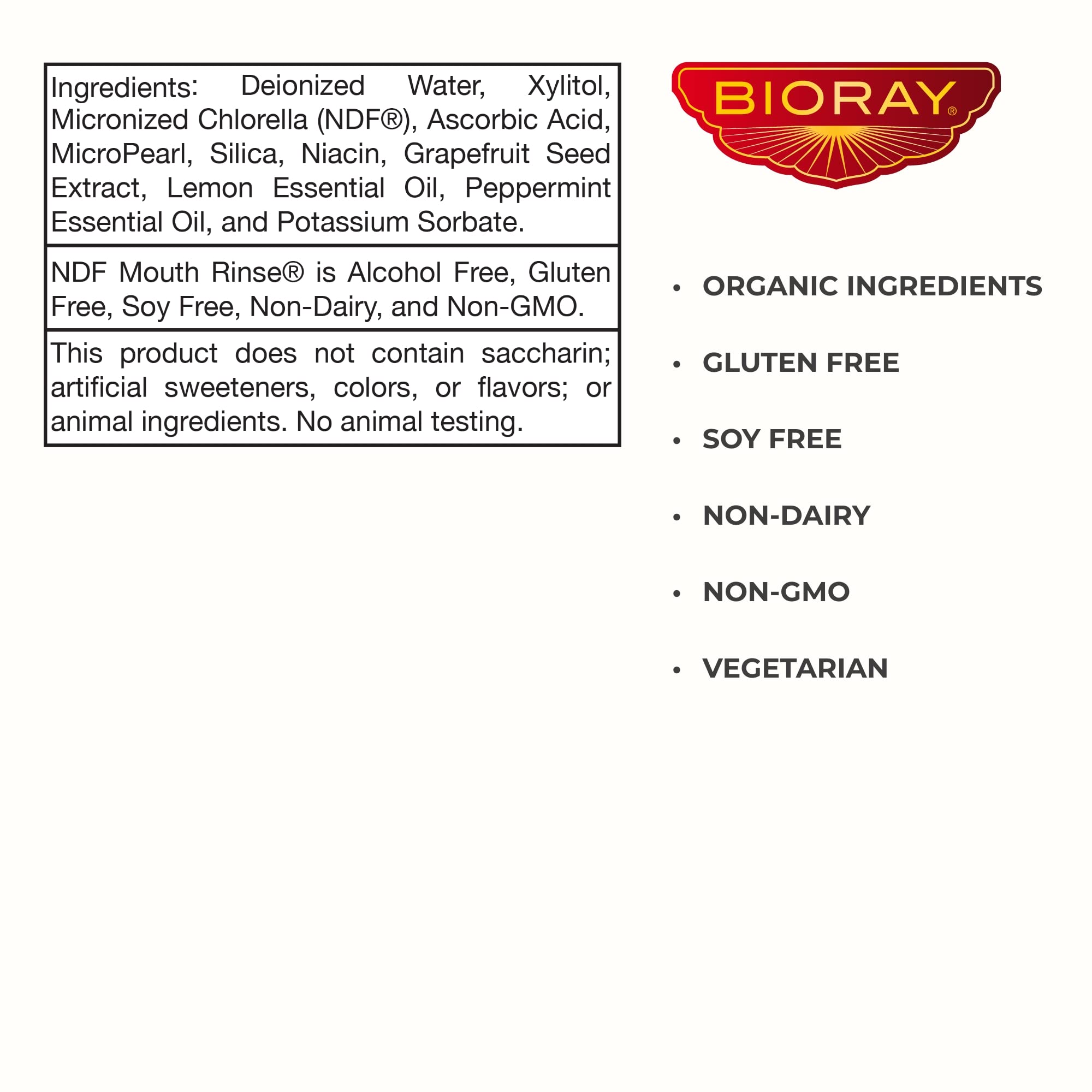 BIORAY NDF Enjuague Bucal: aplicación de 12 pulverizaciones tras comidas.