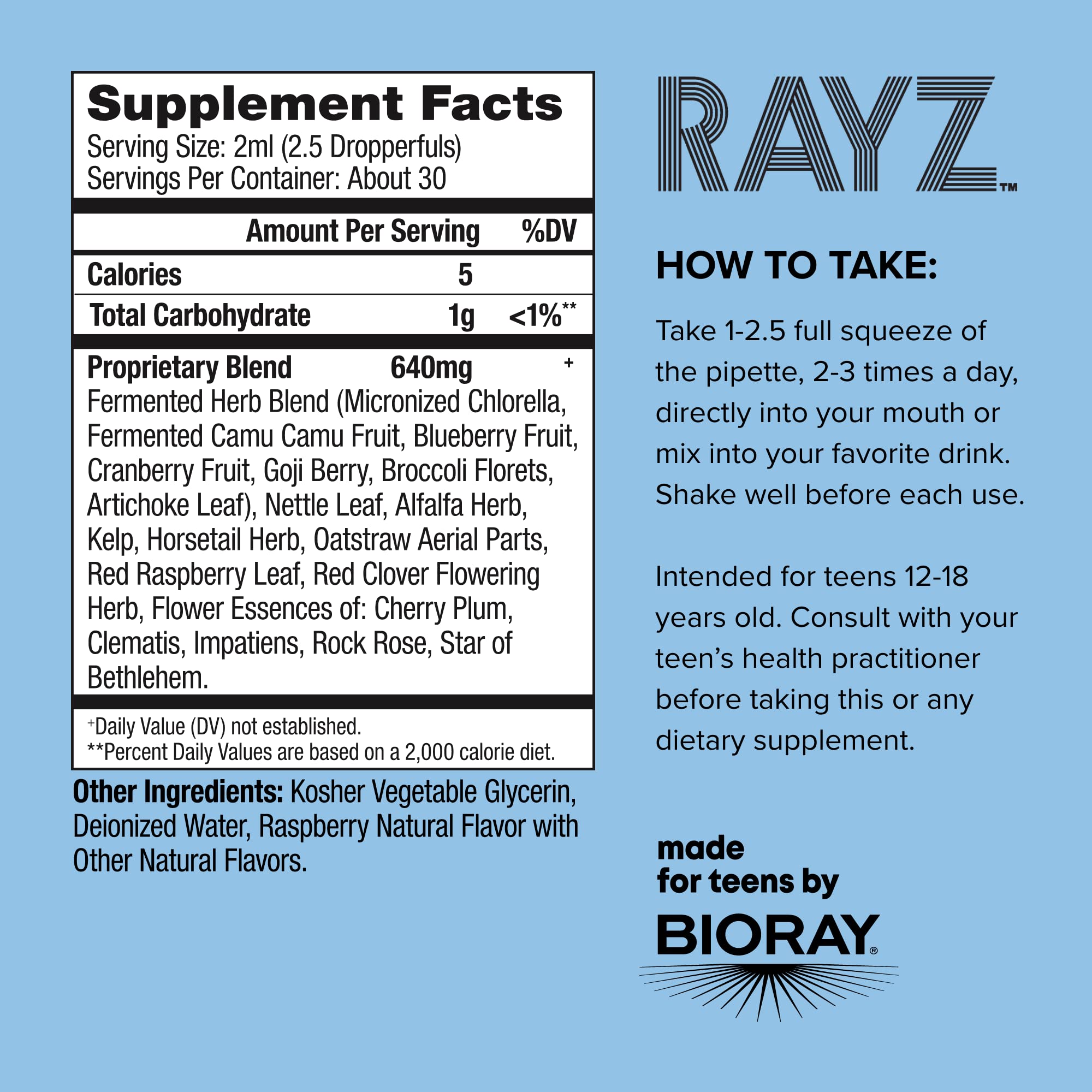 BIORAY RAYZ frambuesa, gotas para adolescentes, apoyo nutricional diario.