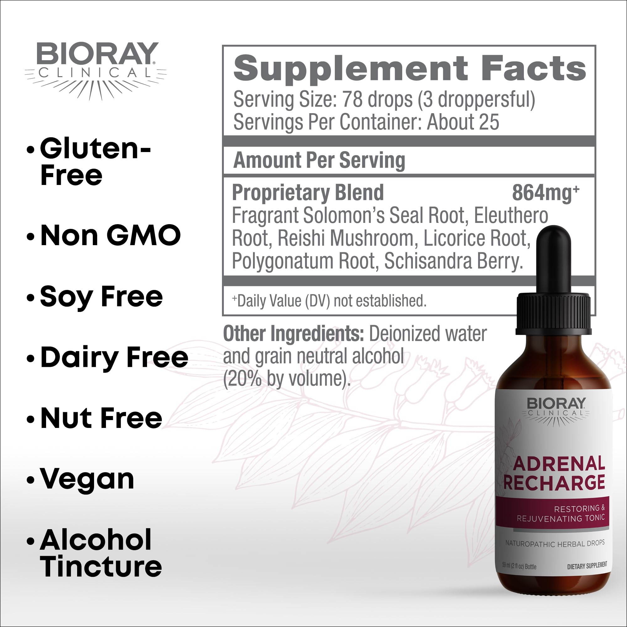 BIORAY Recarga Adrenal: etiqueta clara que destaca ingredientes y pureza herbal.