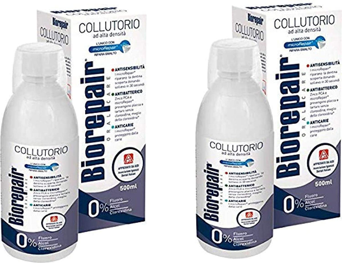 Biorepair Colutorio 500 ml, frente del paquete, frescura inmediata para empezar el día