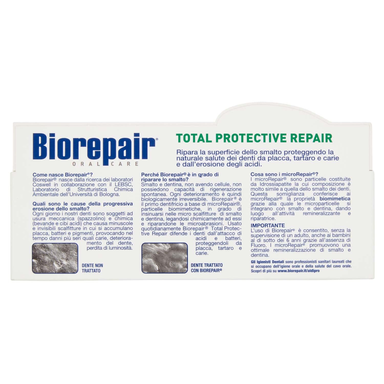 Biorepair empaque italiano: presentación de calidad para el cuidado dental.