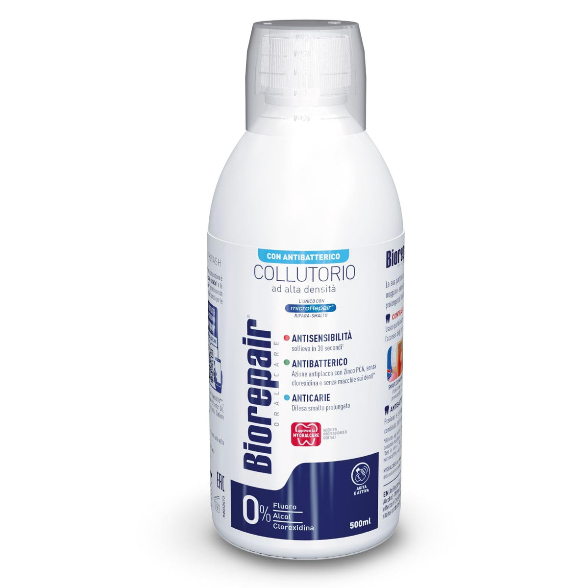 Biorepair Enjuague Bucal frente de la botella de 500 ml, sensación fresca diaria