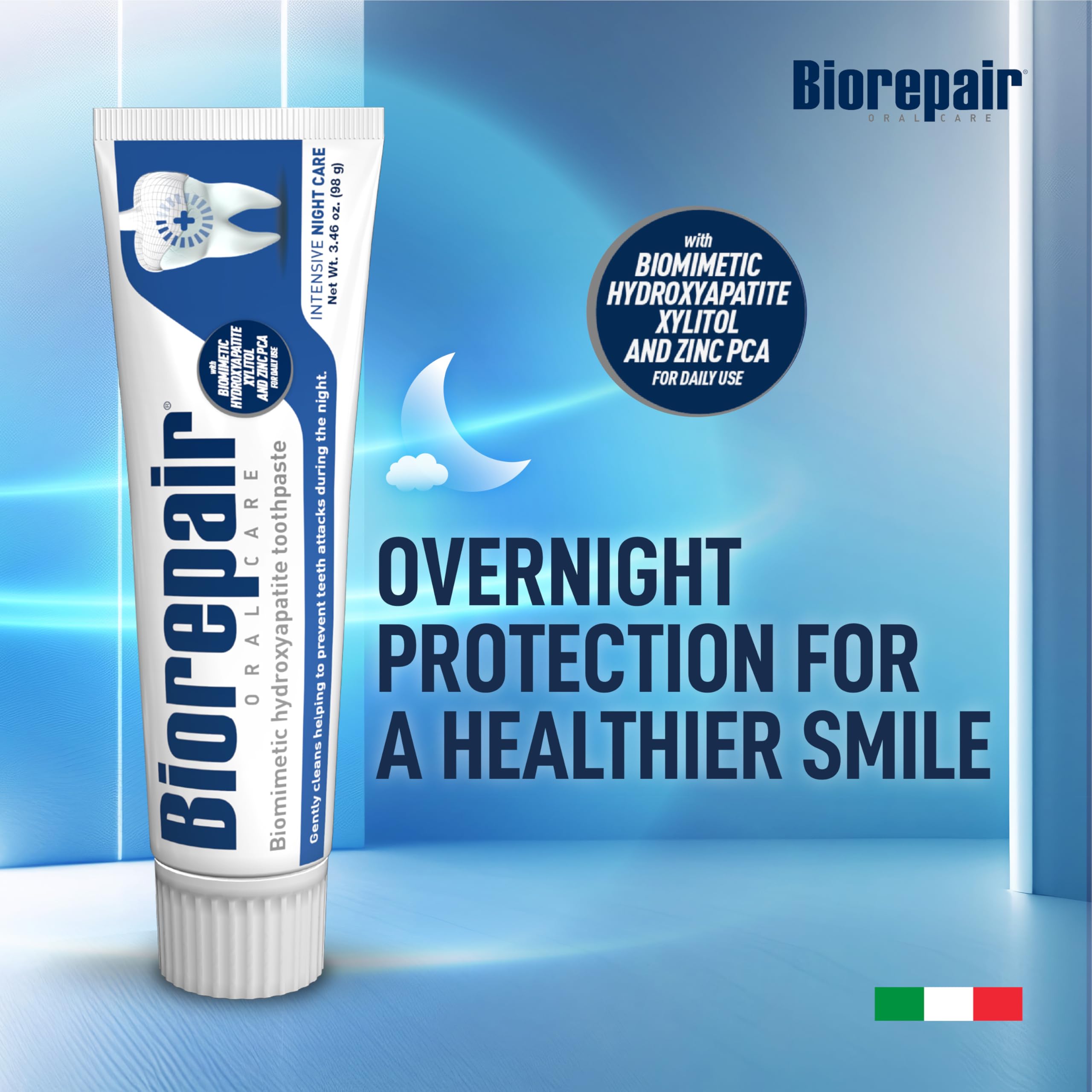 Biorepair Cuidado Nocturno Intensivo, tubo y etiqueta visibles para higiene nocturna.