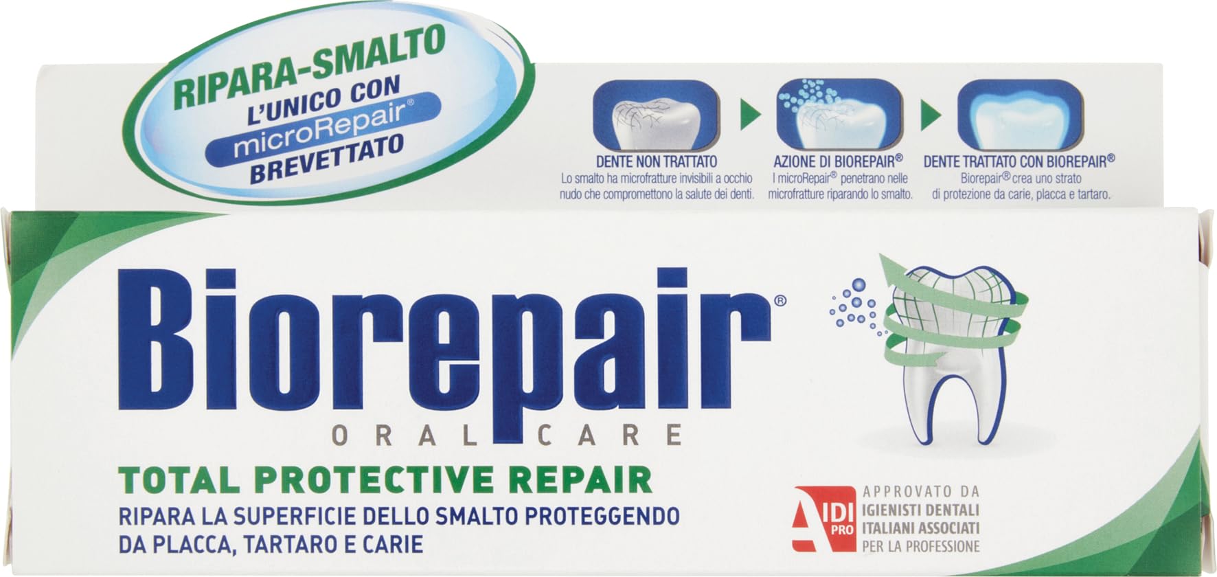 Biorepair: pasta dental reparadora de esmalte, tubo de 75 ml para uso diario.