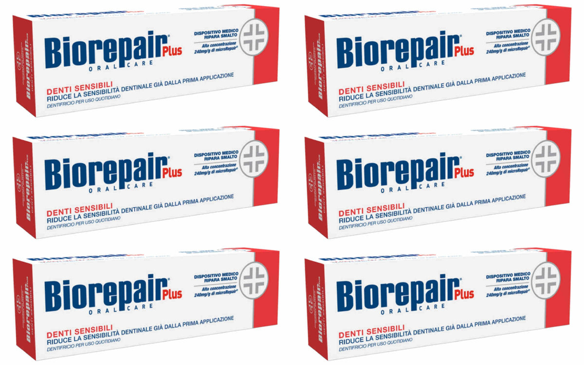 Biorepair pasta dental sensible para dientes, en empaque de seis tubos para uso diario