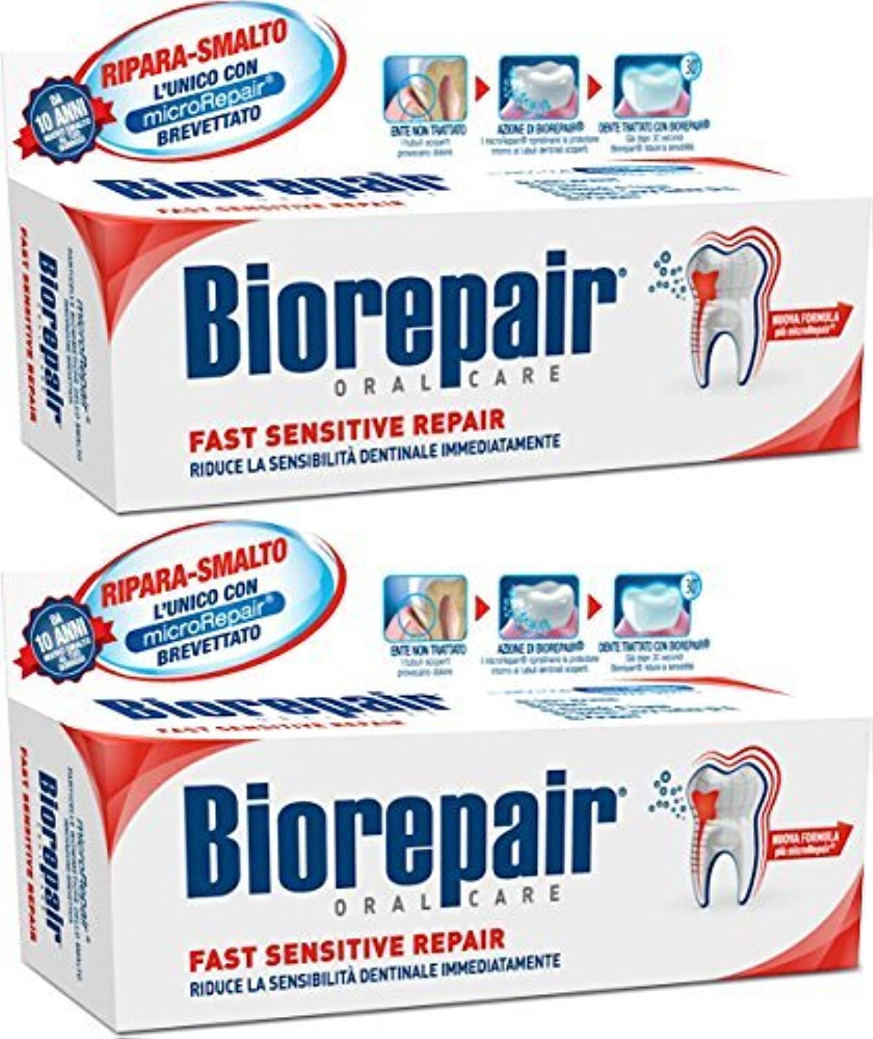 Biorepair pasta dental, paquete de dos tubos de 75 ml para reparación del esmalte