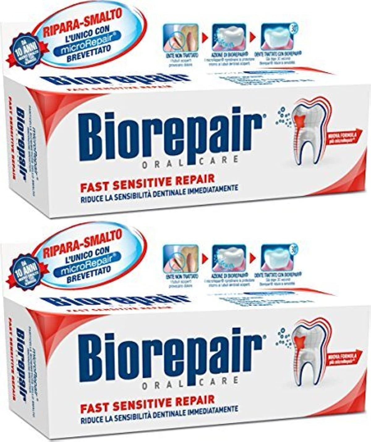 Biorepair pasta dental, paquete de dos tubos de 75 ml para reparación del esmalte
