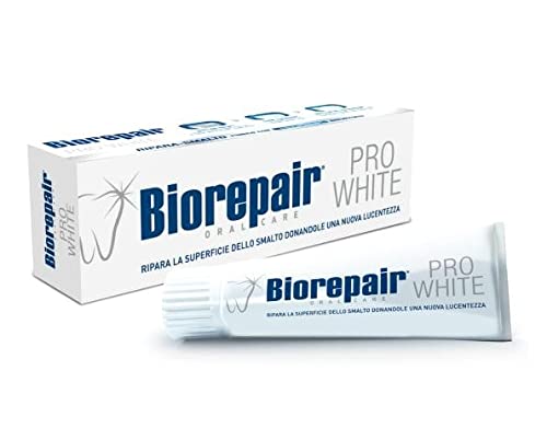 Tubo Biorepair Pro White de 75 ml, diseño práctico para uso diario.