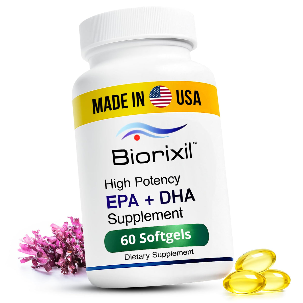 Biorixil alga omega-3 cápsulas pequeñas para ingesta suave y rápida.