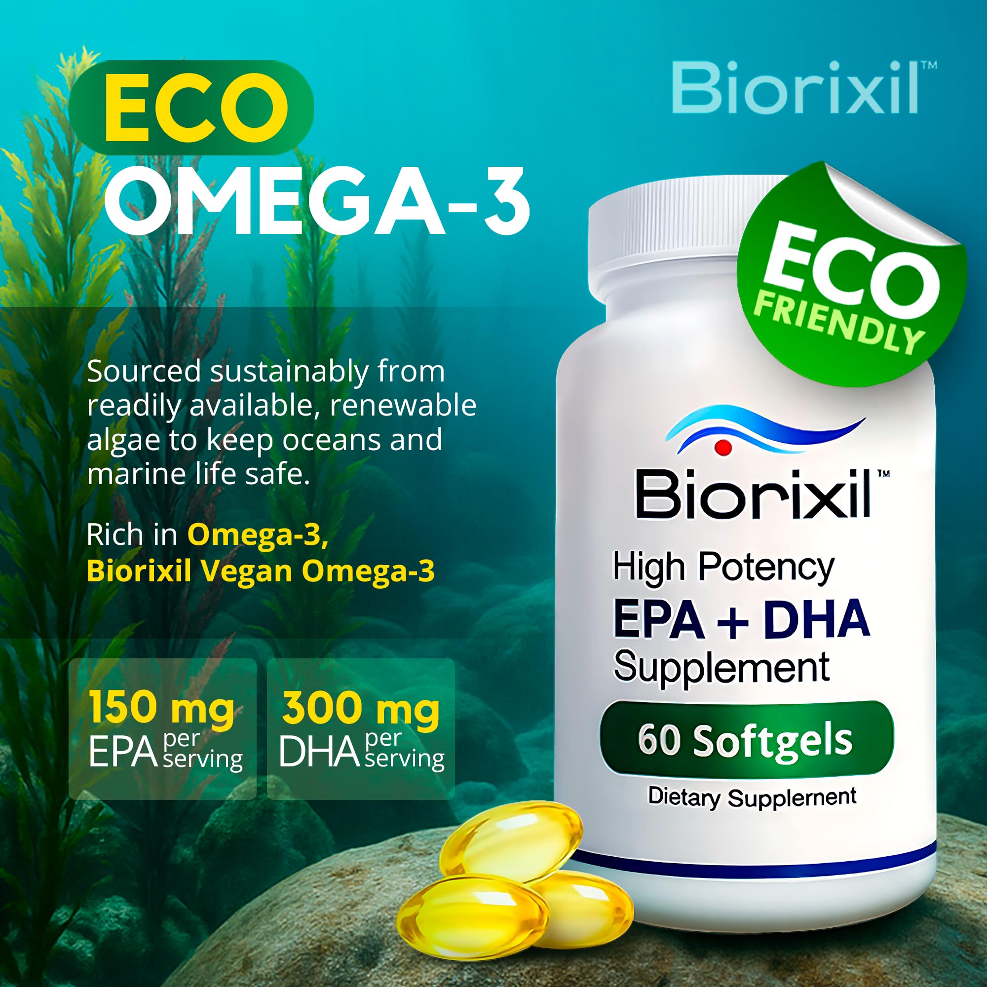 Biorixil omega-3 en botella se muestra envase limpio y práctico.