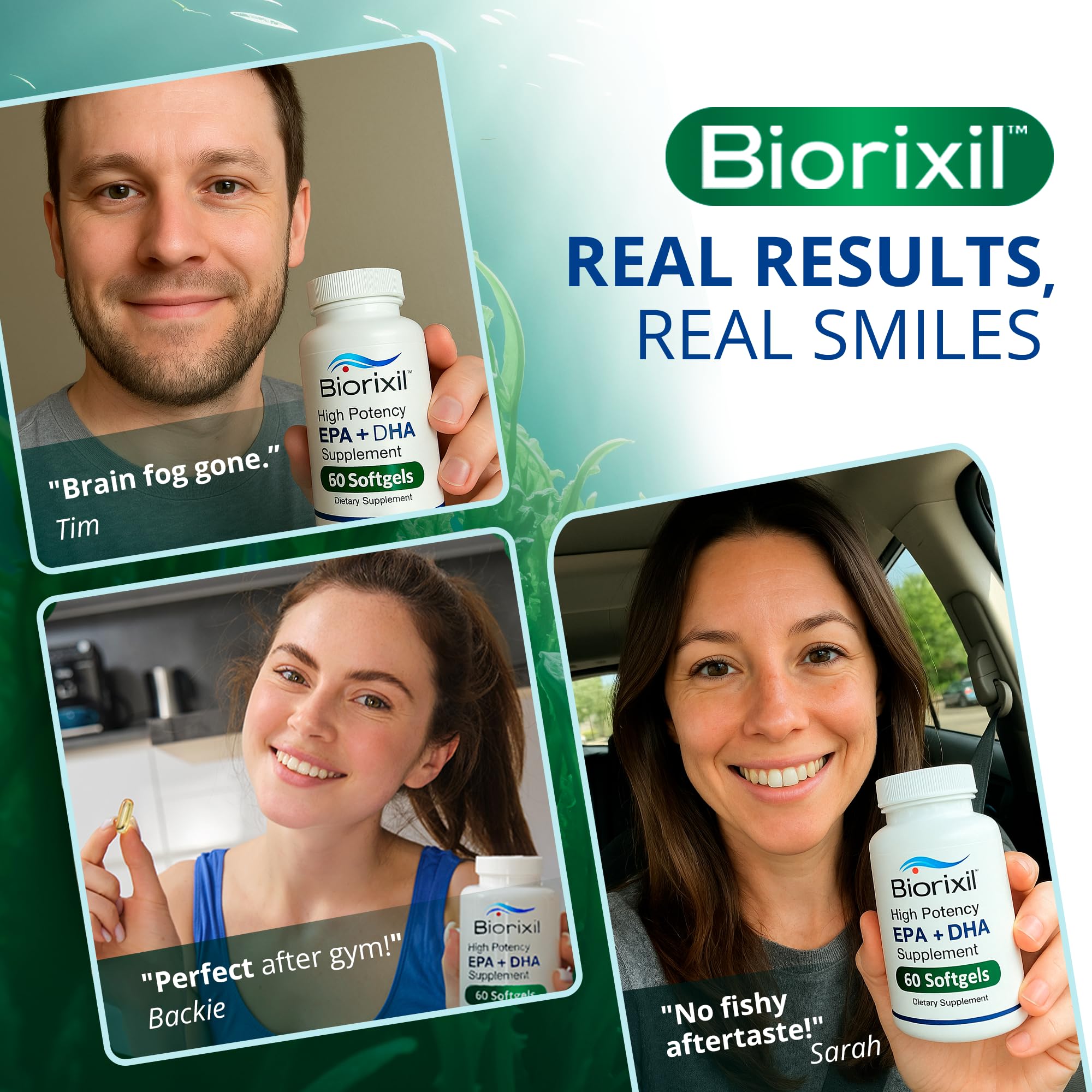 Biorixil cápsulas omega-3 dentro de caja enfatiza conveniencia.