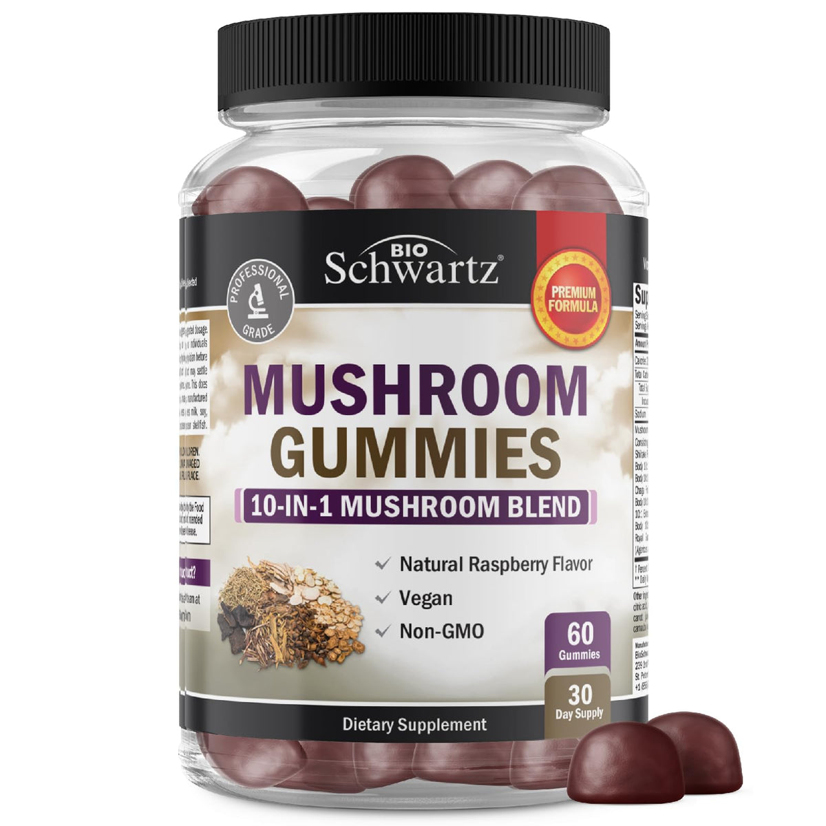 BioSchwartz gominolas de hongos 10-en-1 con sabor a frambuesa para adultos