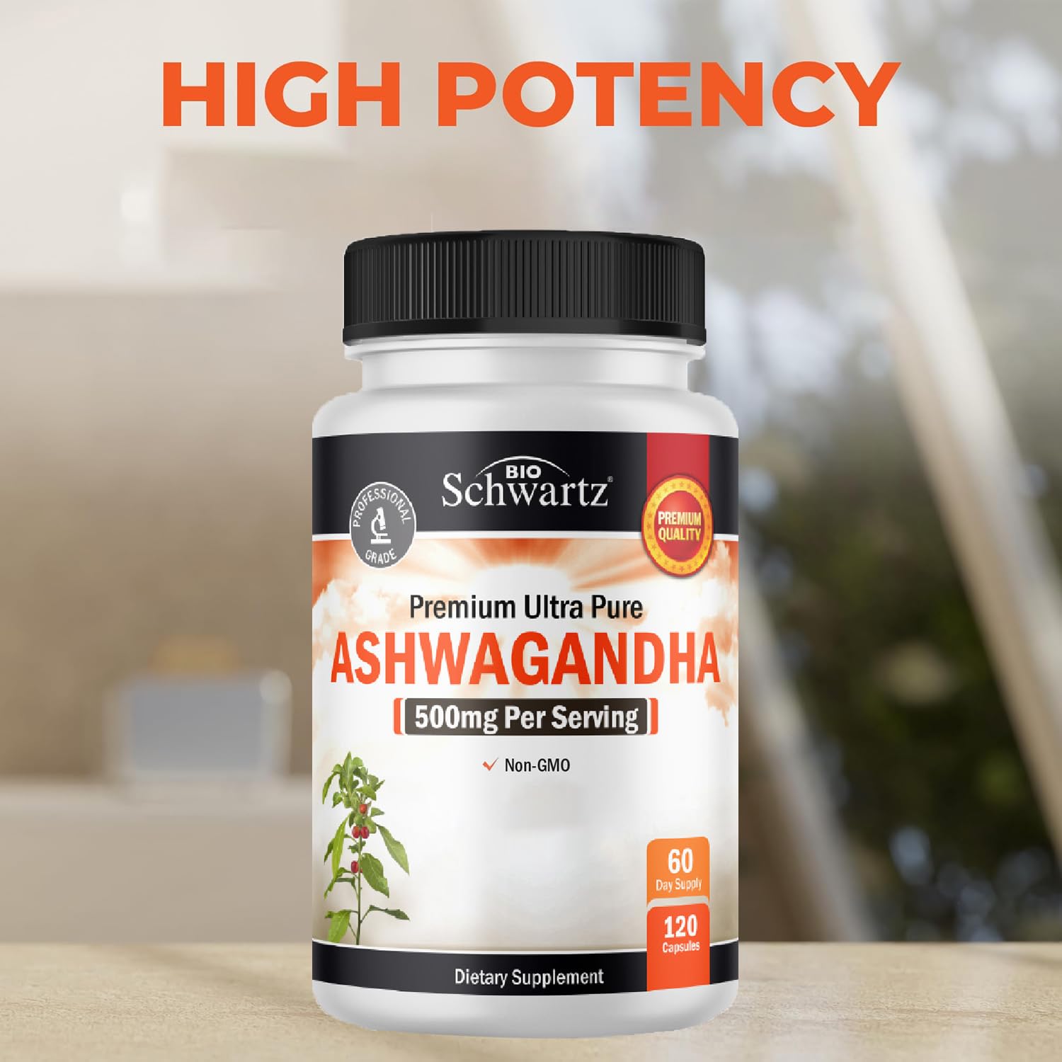 Frasco compacto BioSchwartz Ashwaganda para calidez suave y enfoque.