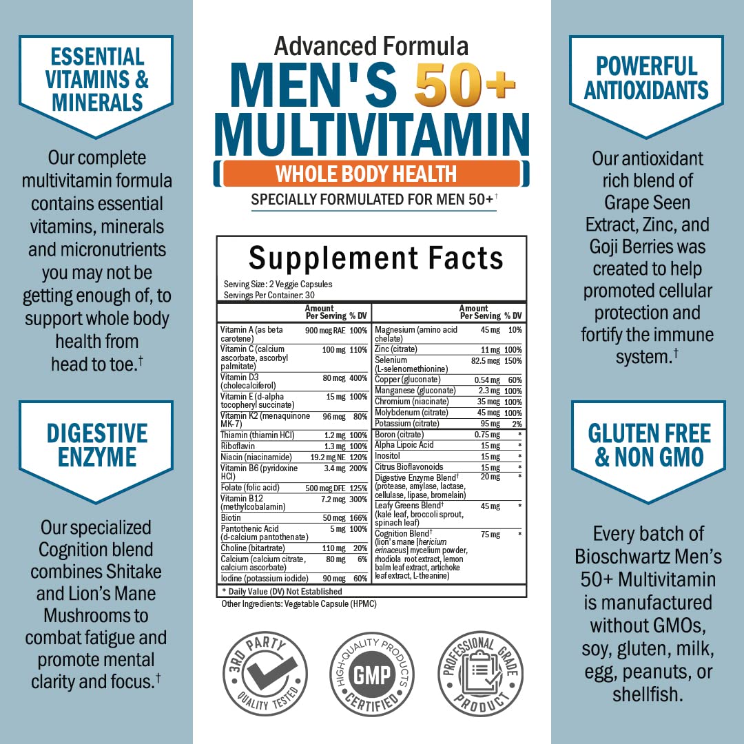 BioSchwartz cápsulas de multivitaminas 50+ para uso diario y salud general