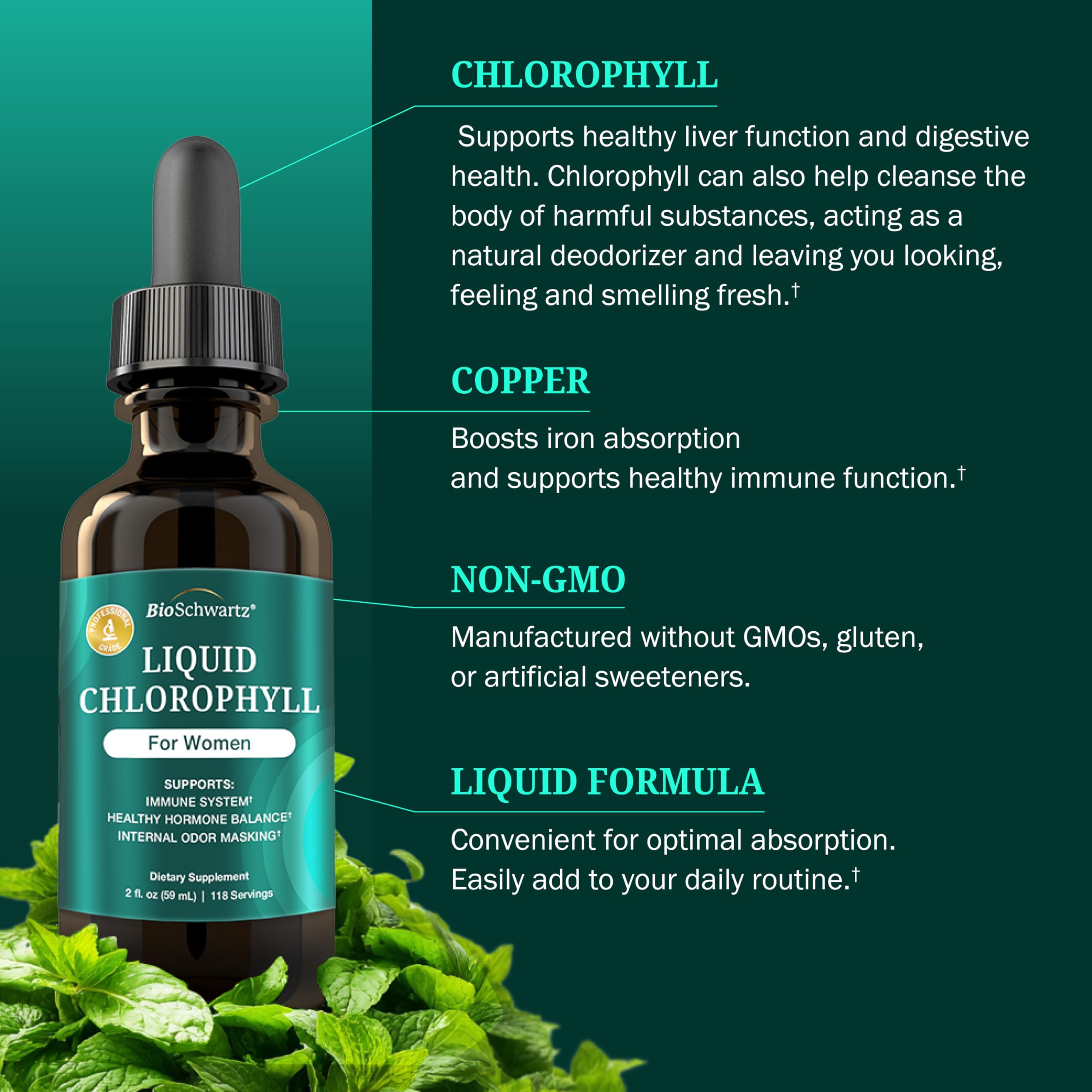 BioSchwartz clorofilo pipeta medidora, fácil dosis para cada día.