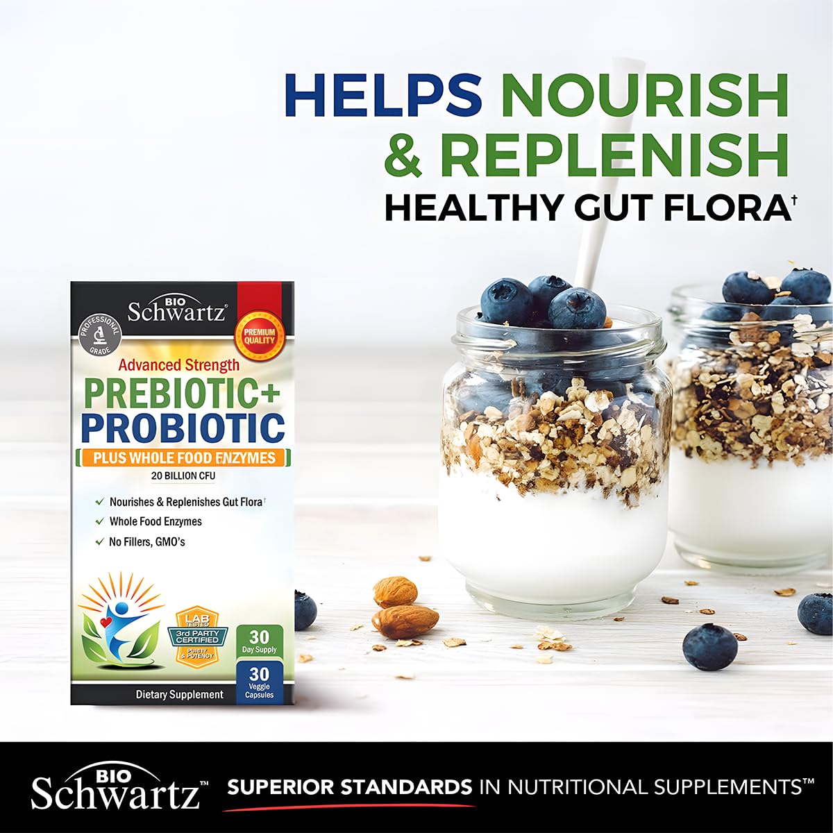 BioSchwartz etiqueta frontal, producto de calidad sin OGM ni gluten.