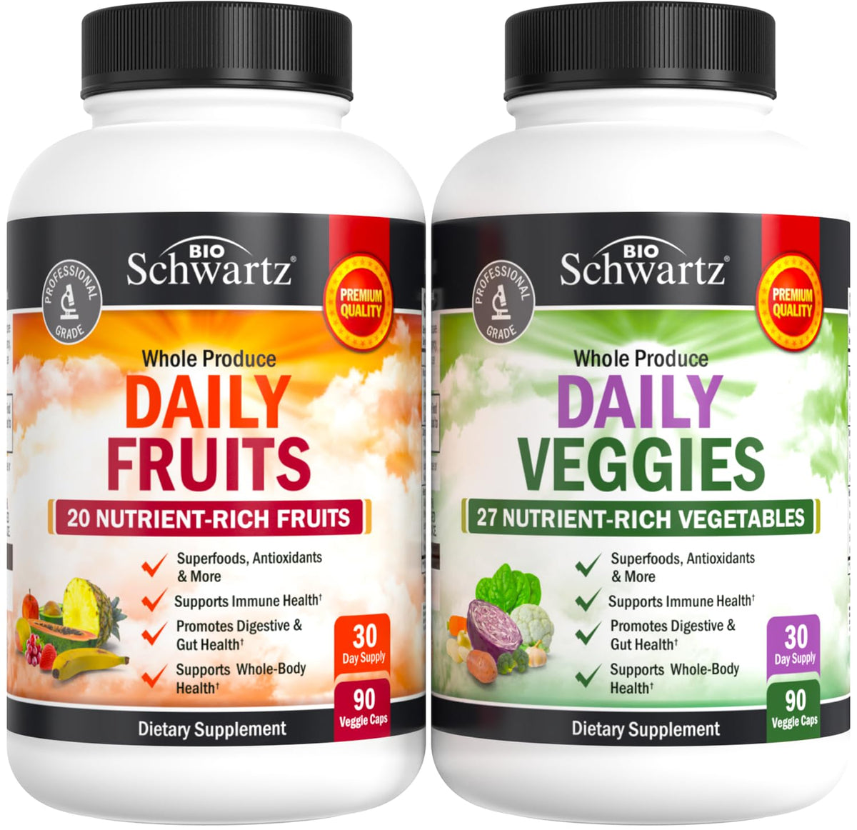 BioSchwartz Frutas y Verduras en cápsulas, botella visible, energía diaria potencial