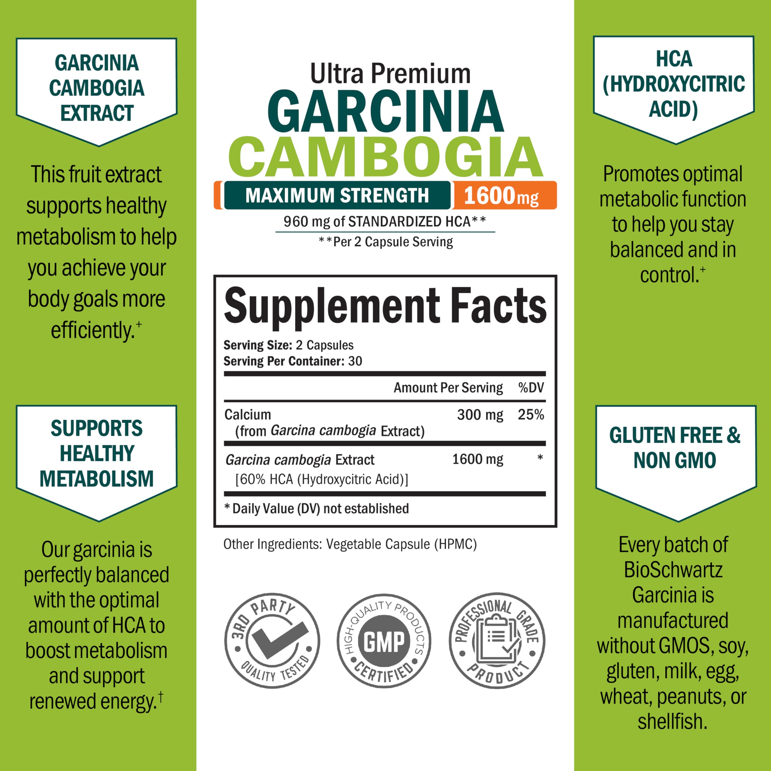 BioSchwartz Garcinia Cambogia etiqueta de ingredientes, contiene 960 mg de HCA estandarizado