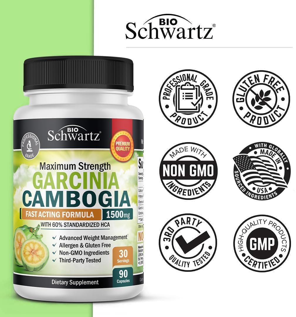 Frasco BioSchwartz Garcinia Cambogia sobre la mesa, rutina diaria.