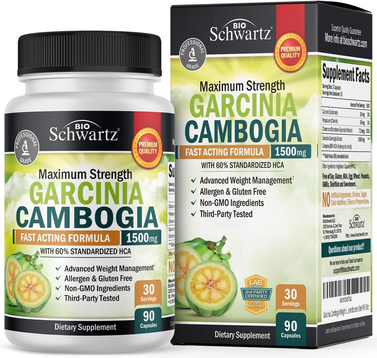 BioSchwartz Garcinia Cambogia frasco con pastillas, apoyo a la saciedad durante la dieta.