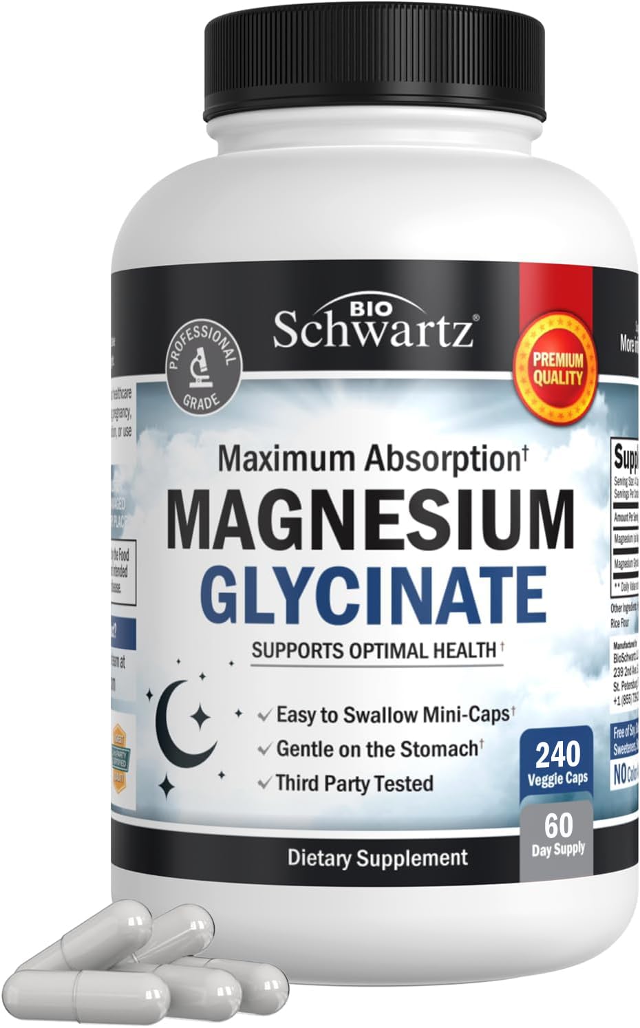 BioSchwartz glicinato de magnesio 500 mg, cápsulas mini fáciles de tragar para uso diario.